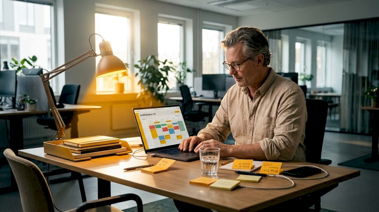 En chef sitter vid sitt skrivbord och går igenom det digitala schemat på datorn.