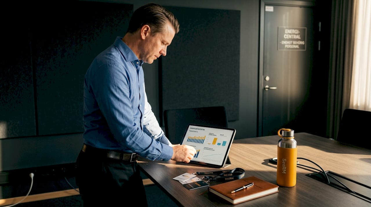 I ett konferensrum sitter man och går igenom energistatistik på en surfplatta.