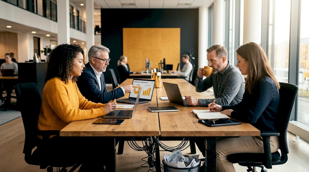 Ett team samarbetar kring ett konferensbord på kontoret.