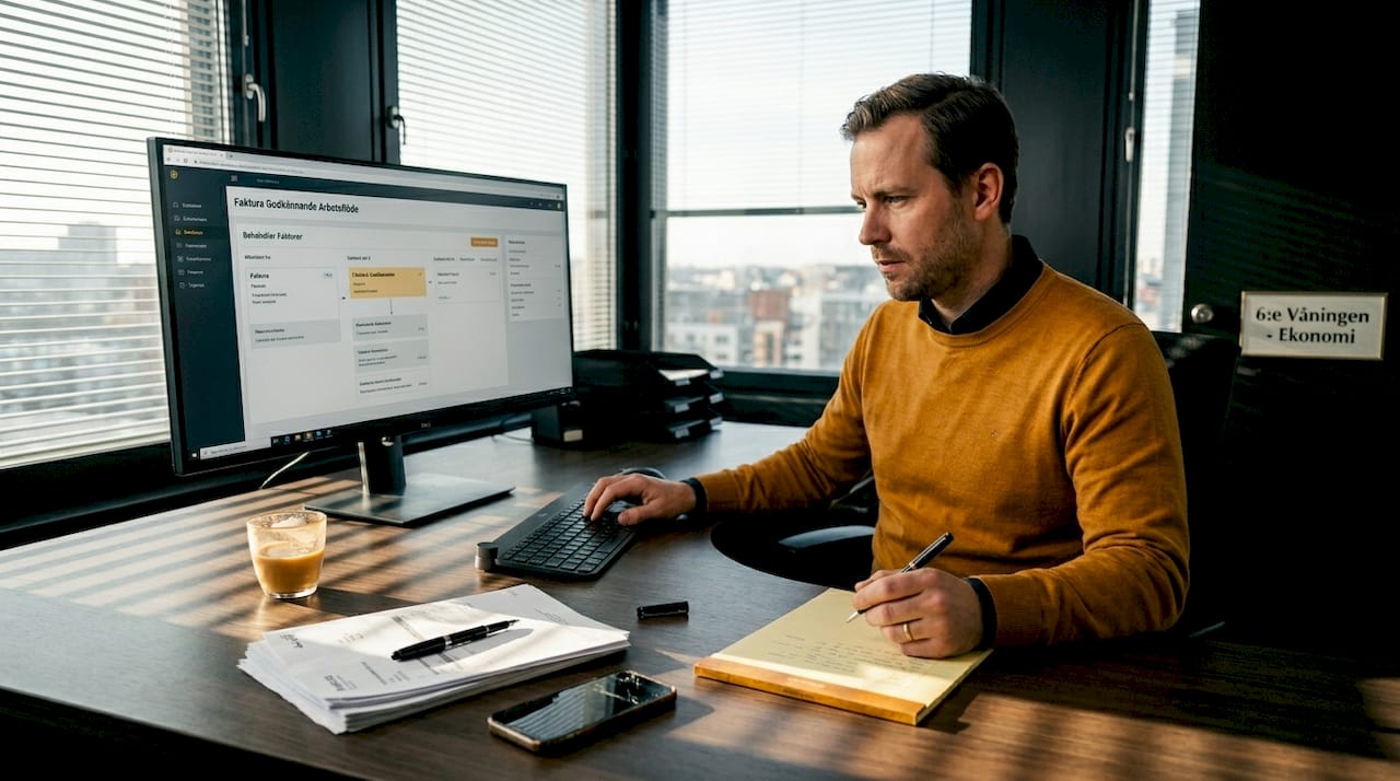 Kontorschefen sitter vid sitt röriga skrivbord och går igenom fakturor.
