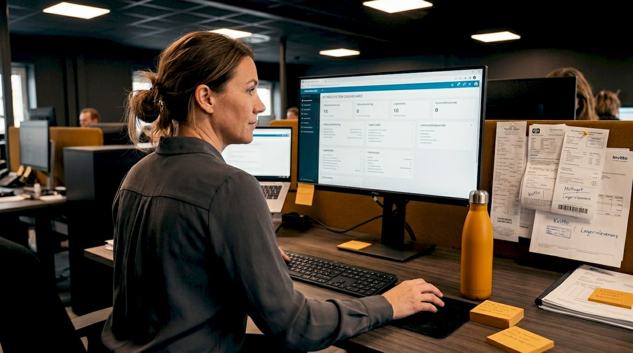 Administratören arbetar i ERP-systemet vid en gemensam arbetsplats.