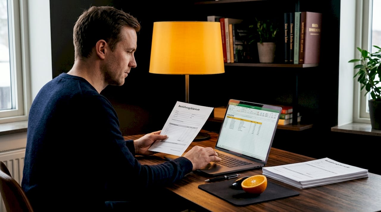 En säljare sitter vid sitt skrivbord och fyller i uppgifter mitt i kontorets hektiska vardag.