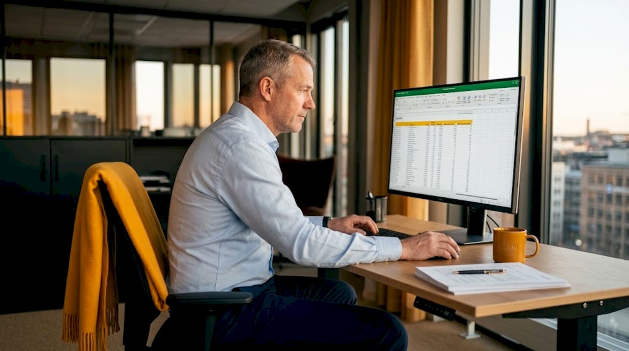 En chef går igenom ett automatiserat arbetsflöde vid sitt skrivbord.