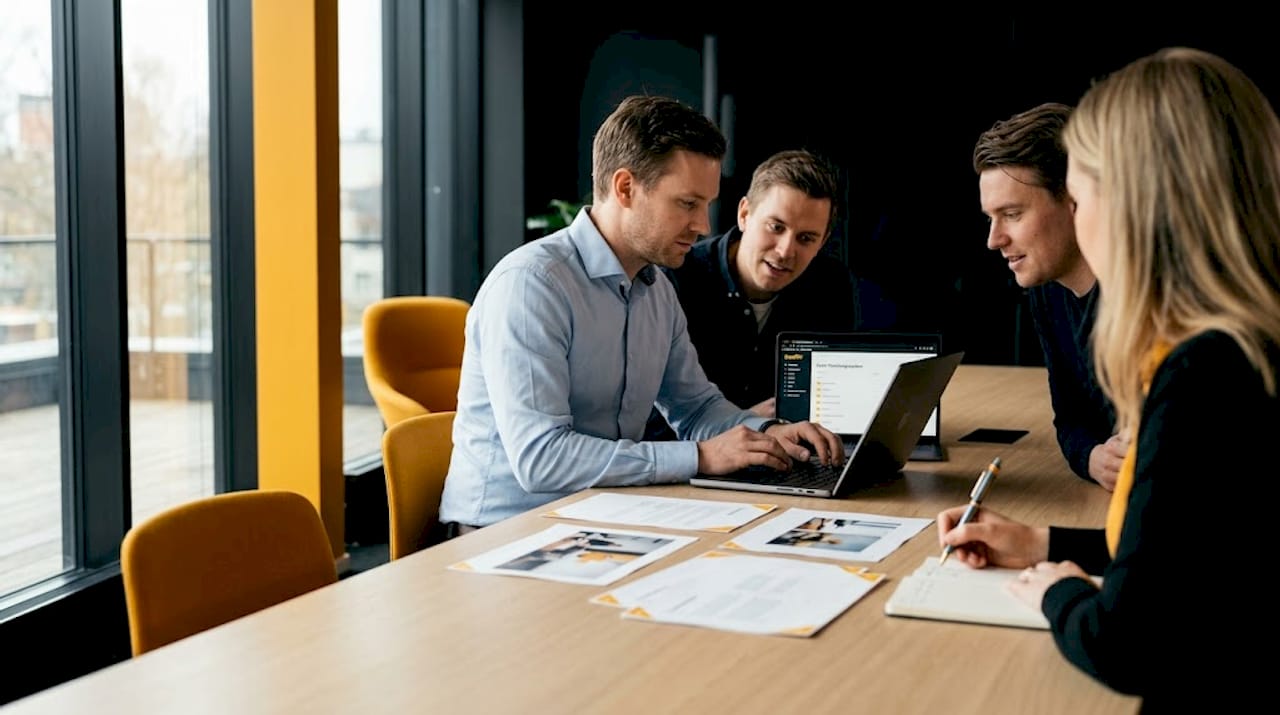 Ett team arbetar med digitala dokument i ett öppet kontorslandskap.
