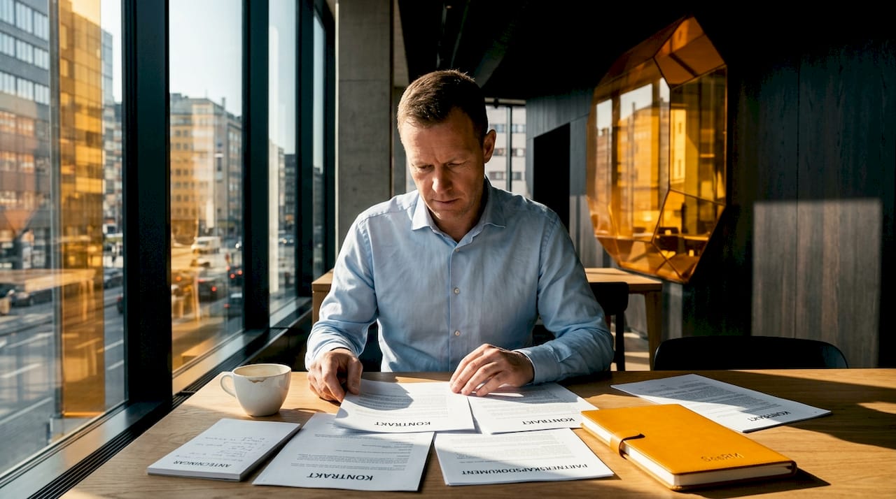 En företagschef sitter på sitt kontor och går igenom avtalspapper tillsammans med sina samarbetspartners.