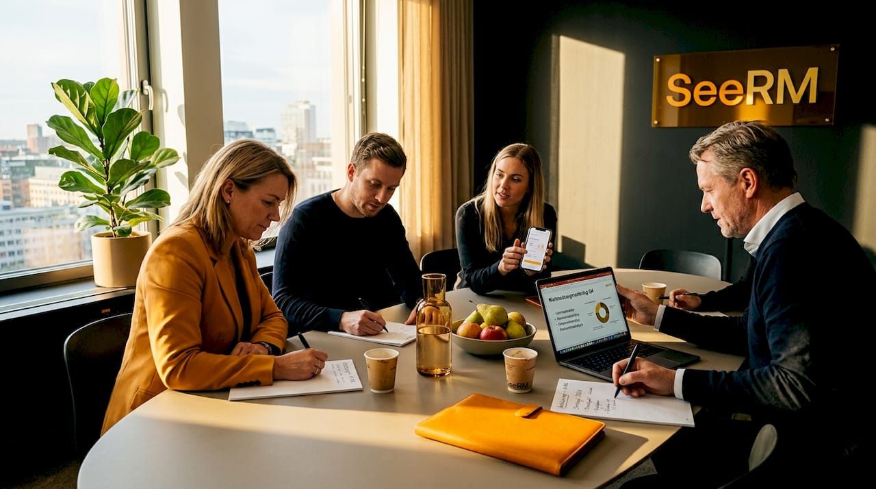 Ledningsgruppen diskuterar och samarbetar runt konferensbordet.