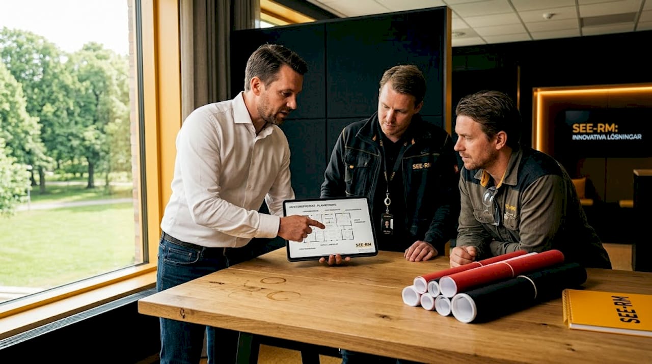 En projektledare går igenom byggplanerna vid skrivbordet.