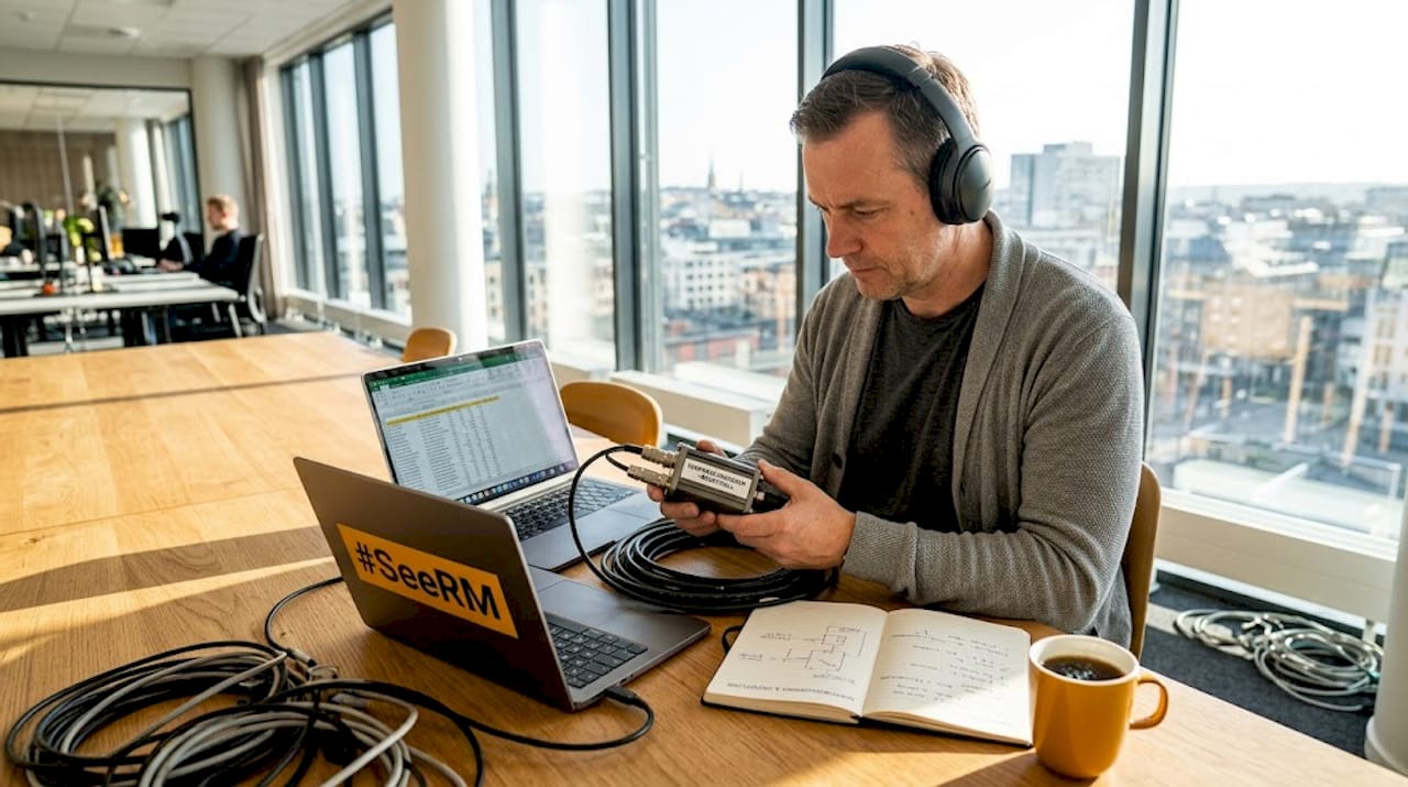 IT-chef går igenom data från uppkopplade enheter vid sitt skrivbord