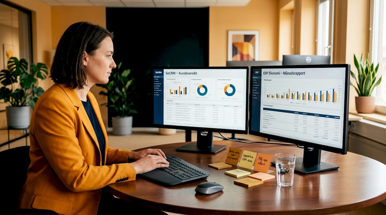 En medarbetare sitter vid datorn på kontoret och arbetar i både CRM- och affärssystem.