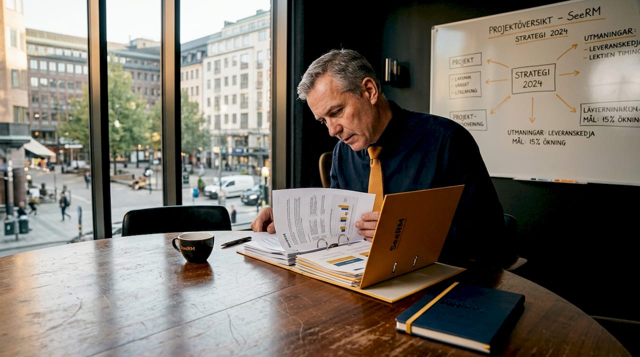 Platschefen bläddrar igenom projektpärmarna för att hålla koll på hur arbetet fortskrider.