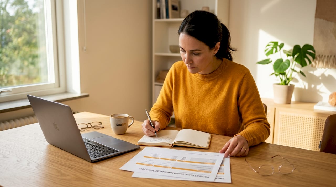 En projektledare går igenom handlingar vid sitt skrivbord.