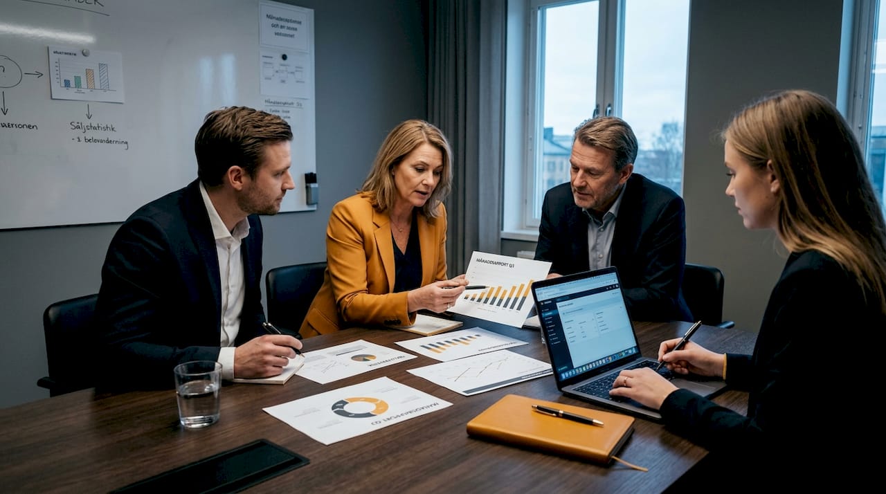 Småföretagsledare samarbetar och diskuterar idéer runt konferensbordet.