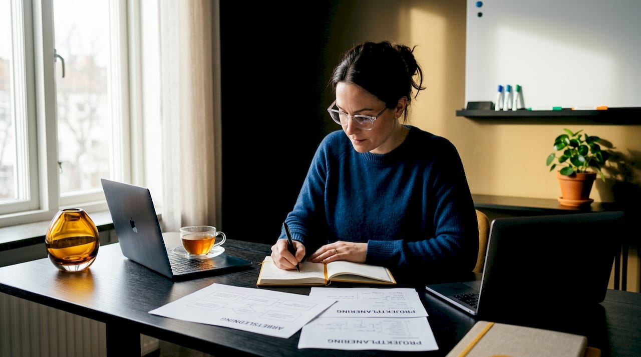 En kvinna sitter vid sitt skrivbord och går igenom arbetsledningsdokument, sorterar och organiserar dem för dagens uppgifter.