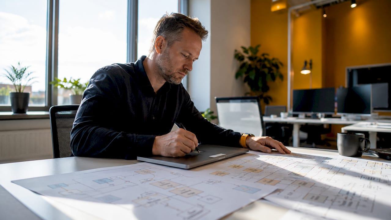 Någon fyller i ett ERP-dokument för hand vid ett skrivbord.