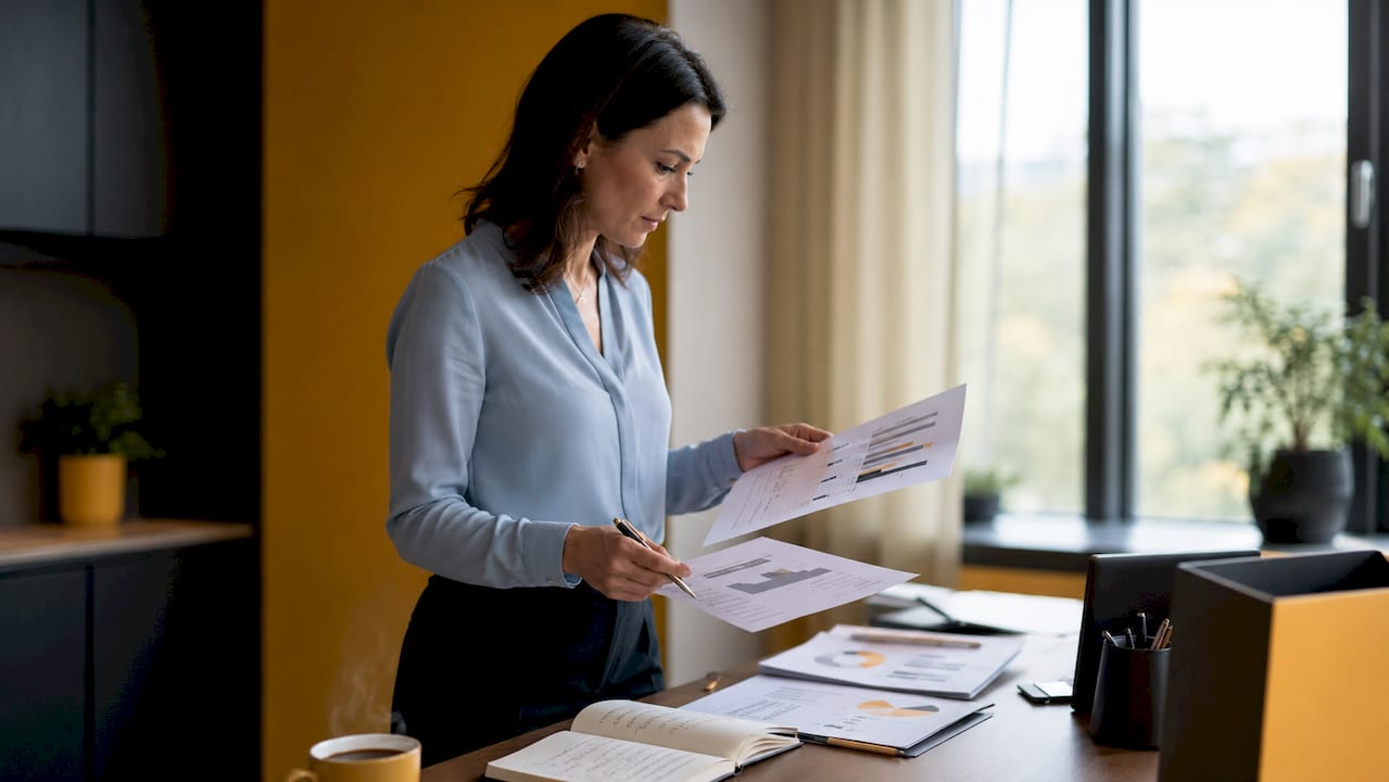 En kvinna granskar och utvärderar arbetsmaterial kopplat till CRM- och ERP-system.