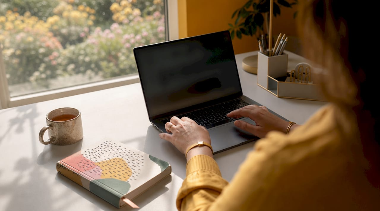 Någon sitter och skriver på sin laptop vid hemmakontoret.