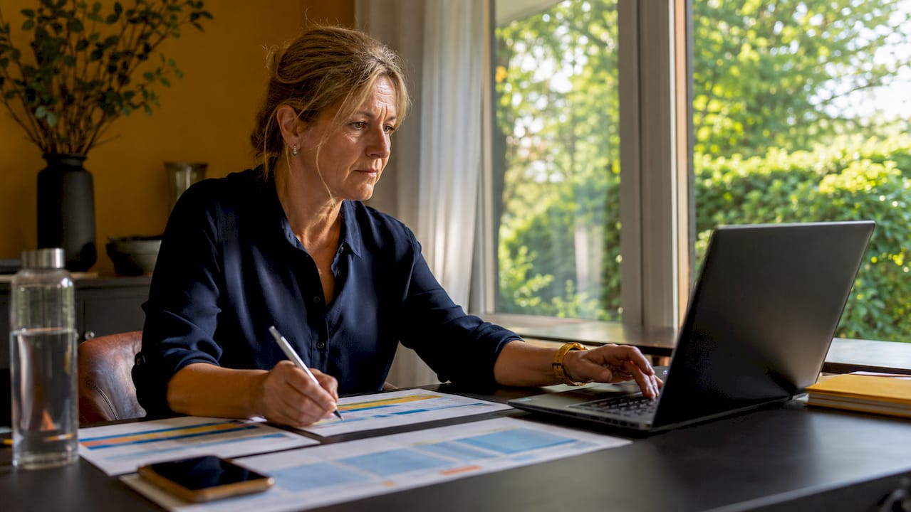 En kvinna sitter på kontoret och sköter det digitala schemat för personalen.