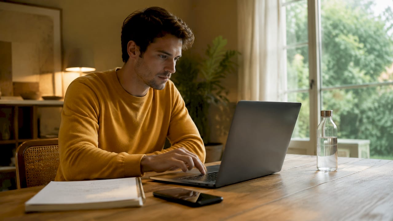 En ung entreprenör sitter vid ett coworkingbord och jobbar med data på sin laptop.