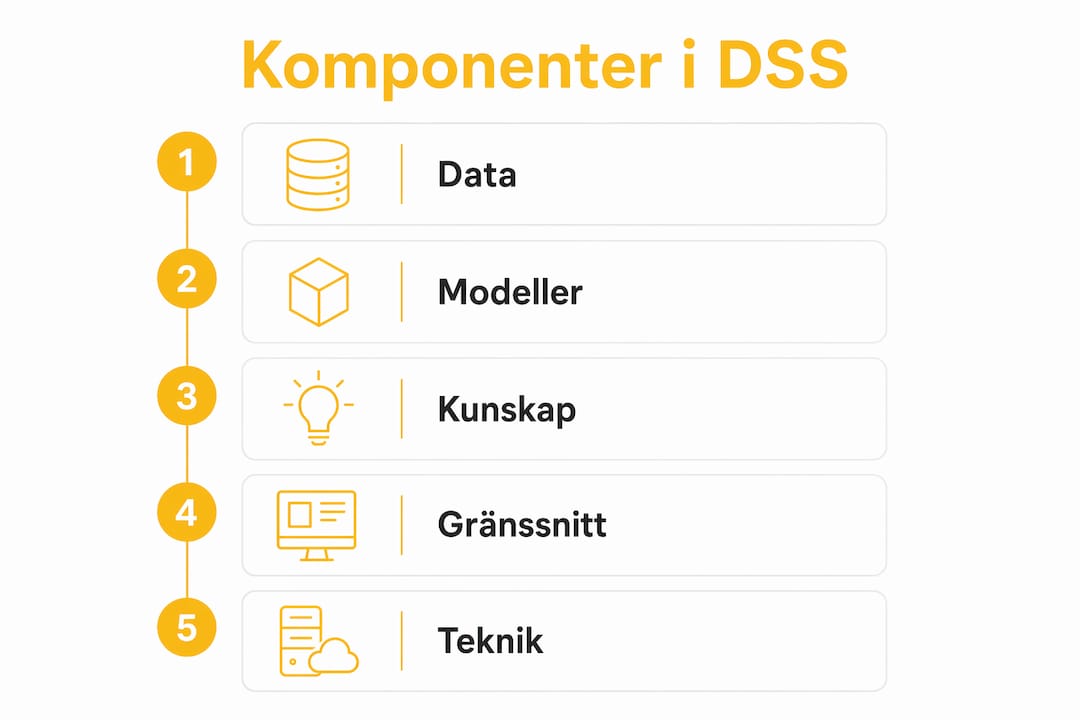 En överskådlig infografik som lyfter fram de fem viktigaste byggstenarna i ett beslutsstödsystem.