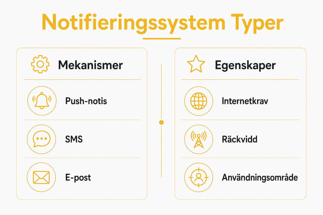 Grafiska översikter som jämför olika typer av notifieringssystem och deras egenskaper