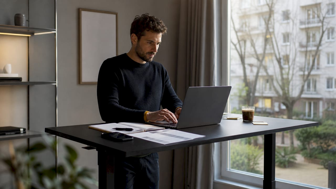 En person sitter vid sitt skrivbord och planerar sin dag med hjälp av ett digitalt schemaläggningsverktyg.