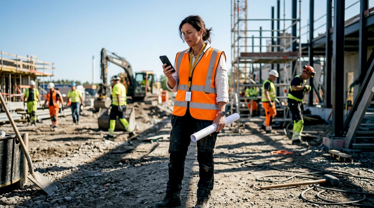 En chef som sköter arbetsledningen direkt via mobilen ute på fältet.