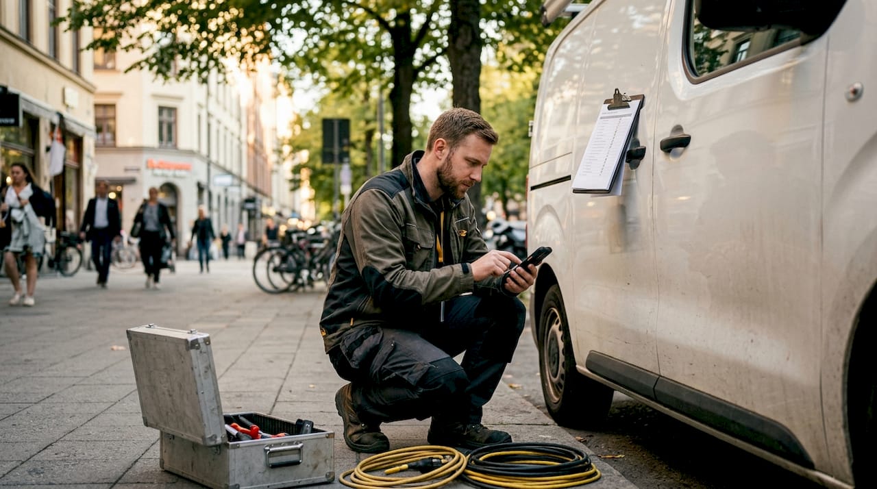 En fälttekniker jobbar utomhus och använder en mobilapp för att lösa arbetsuppgifter.