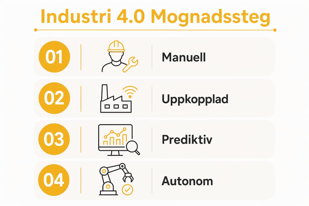 Översiktlig infografik som illustrerar de fyra utvecklingsnivåerna inom Industri 4.0