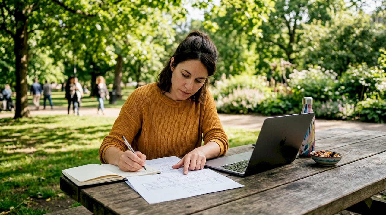 En kvinna sitter på kontoret och går igenom siffror på datorn.