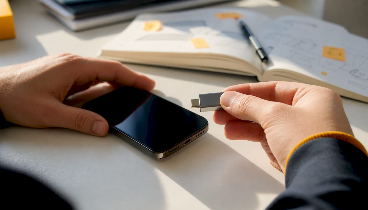 Ett par händer håller i en fysisk säkerhetsnyckel och en mobiltelefon.