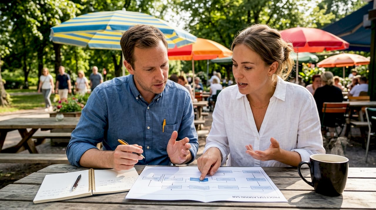 Medarbetare som går igenom och diskuterar flödet i företagets arbetsprocesser.