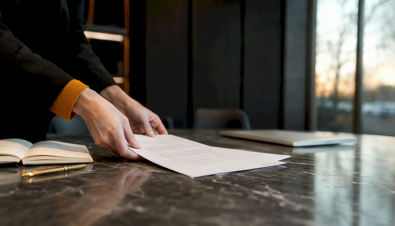 Händer som bläddrar bland papper på skrivbordet