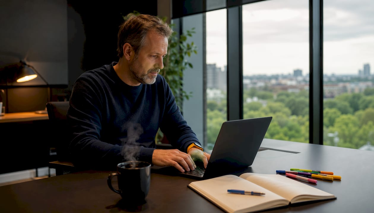 Sitter och jobbar vid laptopen hemma