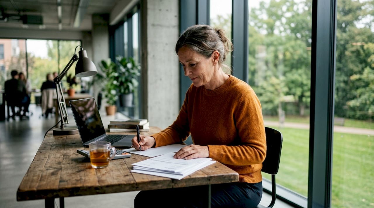 En kvinna sitter vid sitt skrivbord på kontoret och går igenom fakturor.