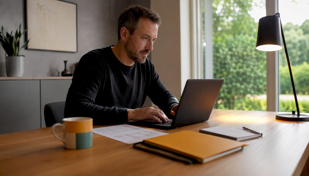 En man sitter på kontoret och hanterar digitala fakturor.