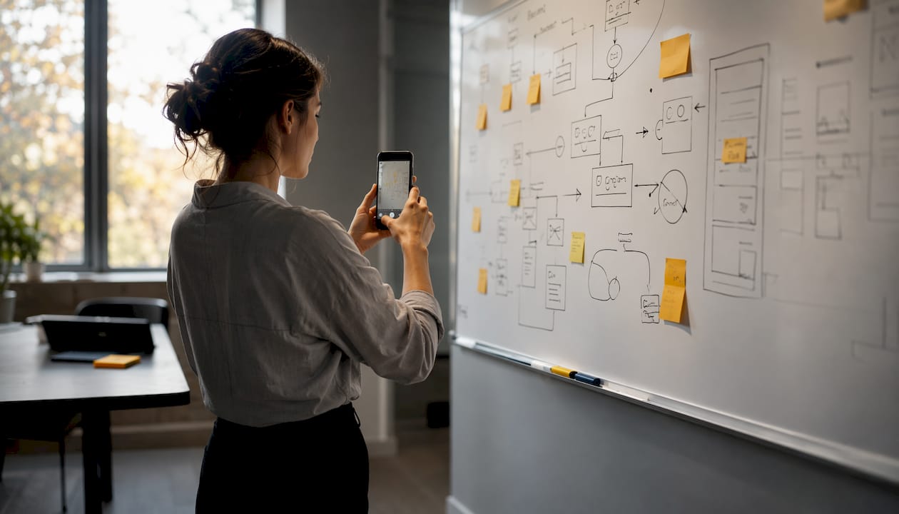 En person tar en bild på en skiss på whiteboarden.