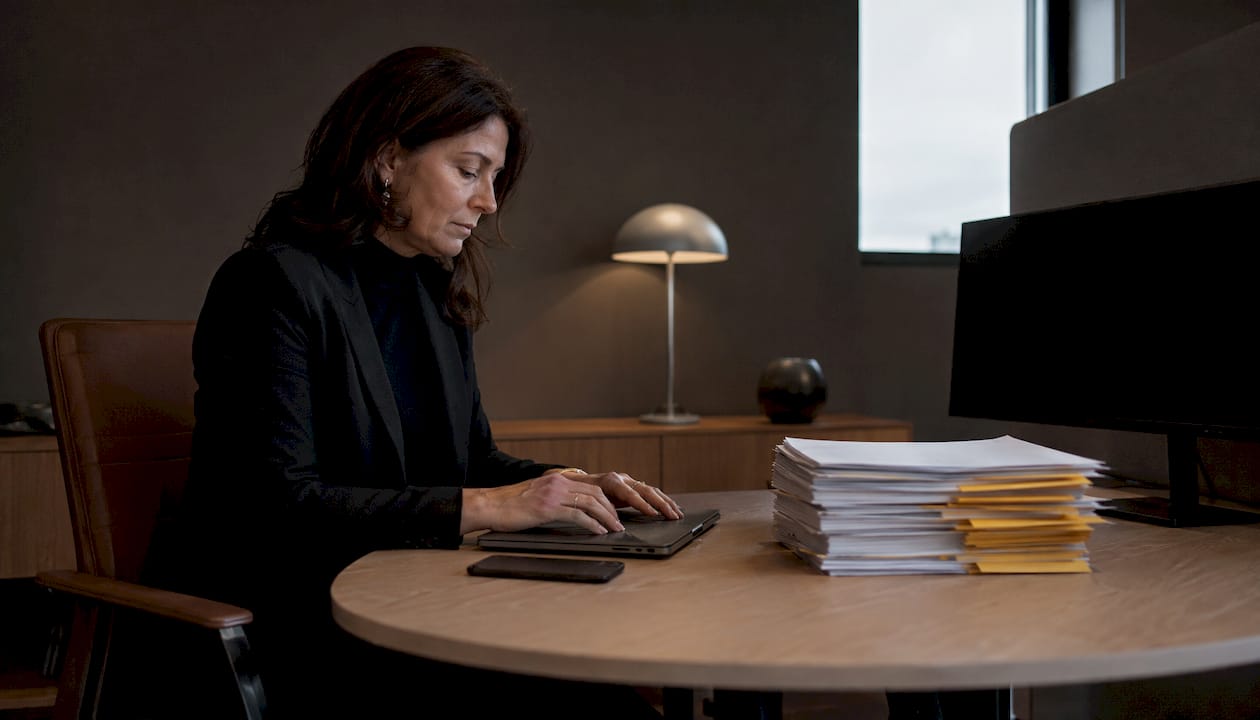 Yrkesverksam kvinna som arbetar med digitala orderflöden vid sin arbetsstation