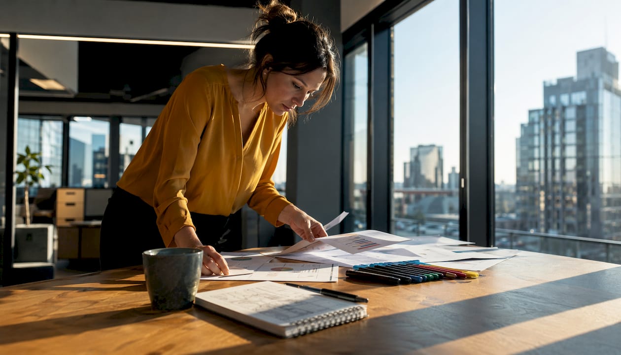 En kvinna sitter vid sitt skrivbord och går noggrant igenom rapporter om dataanalys.