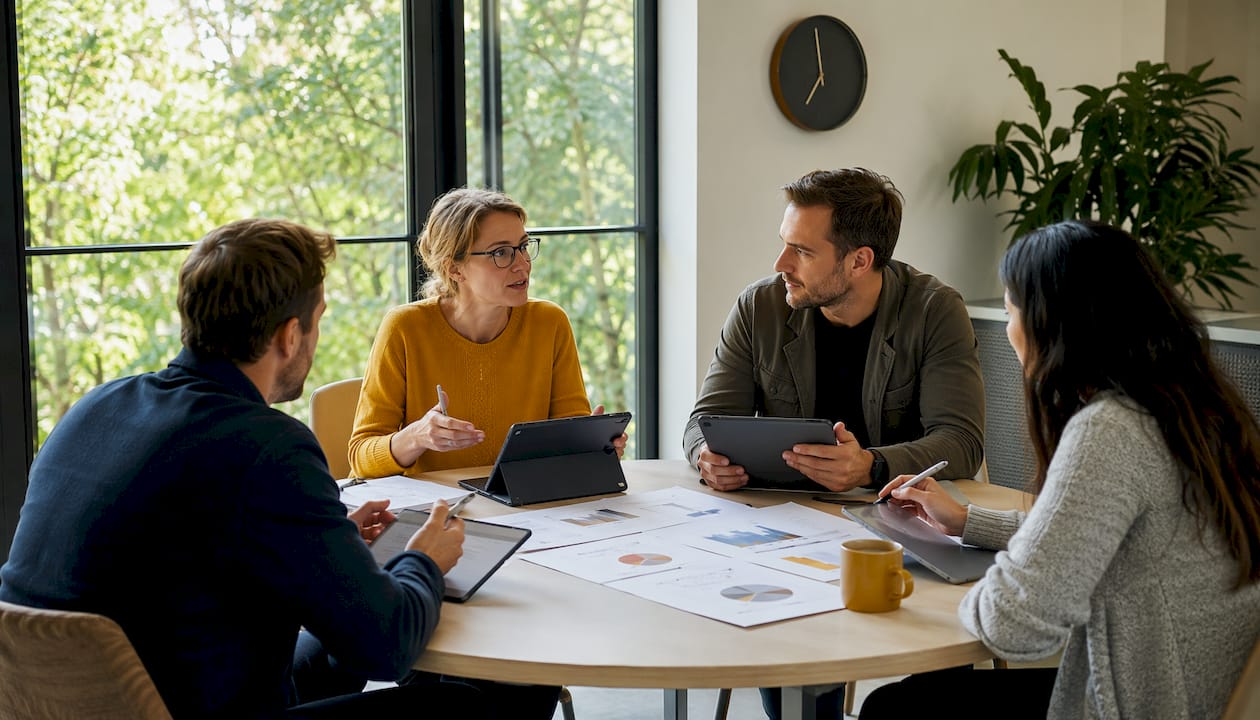 Ett team samlas runt konferensbordet för att diskutera hur de kan fatta beslut baserade på data.