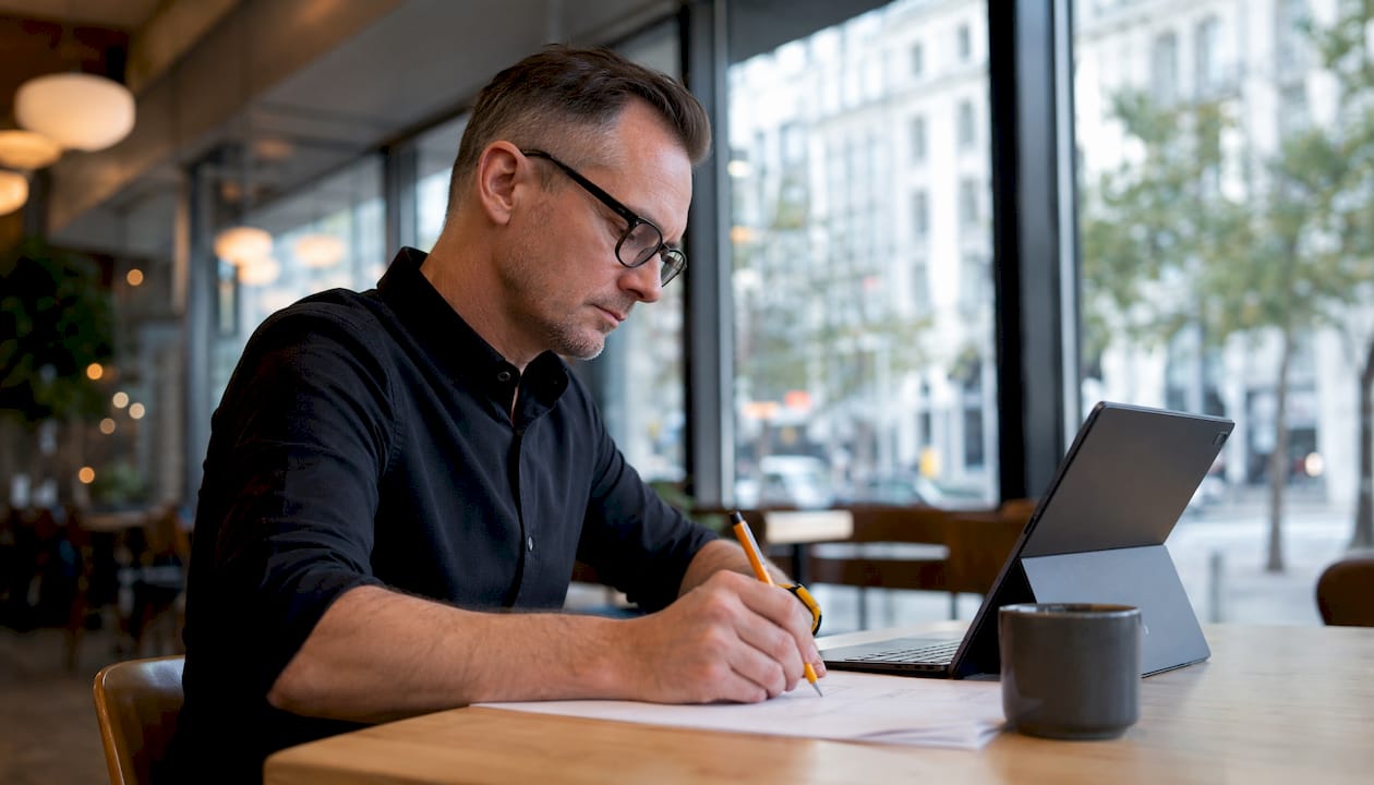 Fokuserad man provar analysverktyg på café