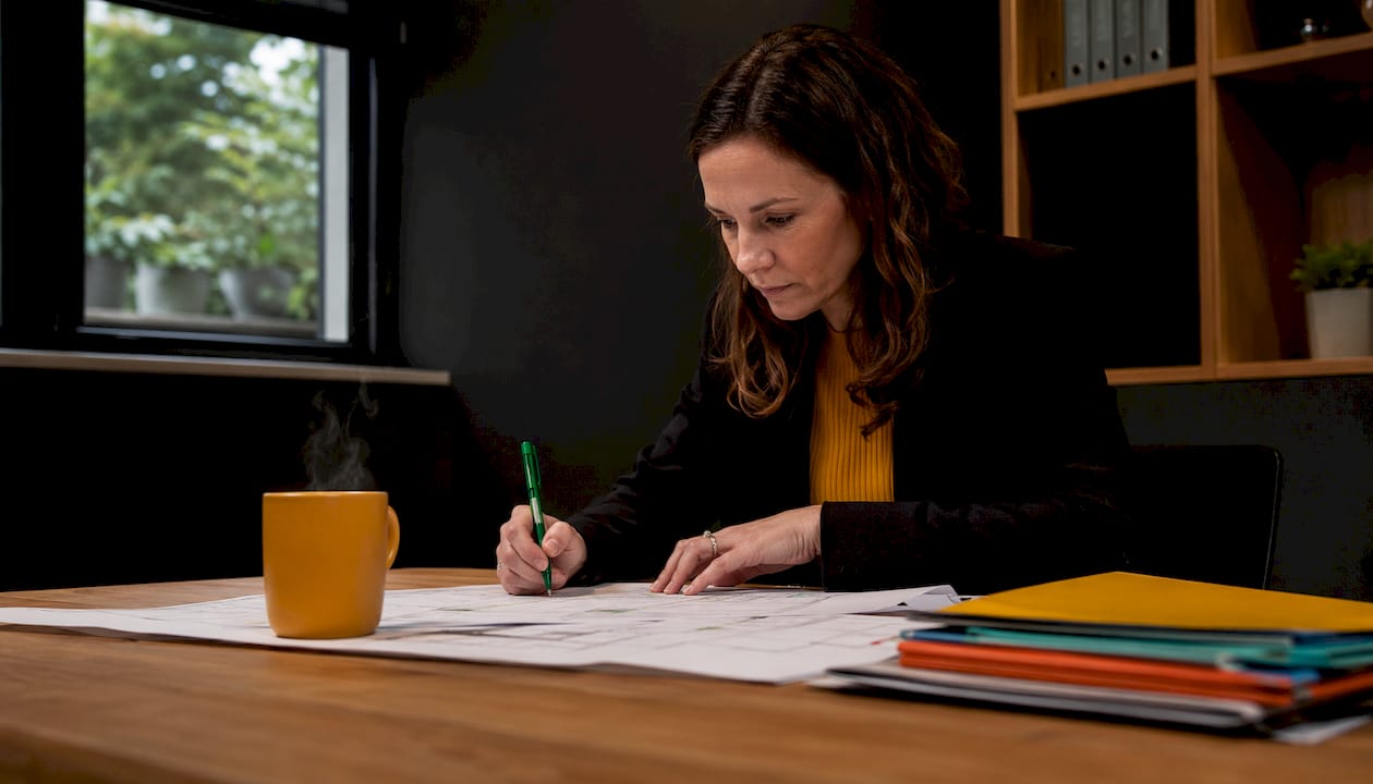 En chef sitter vid sitt skrivbord och går igenom projektdokumentationen.