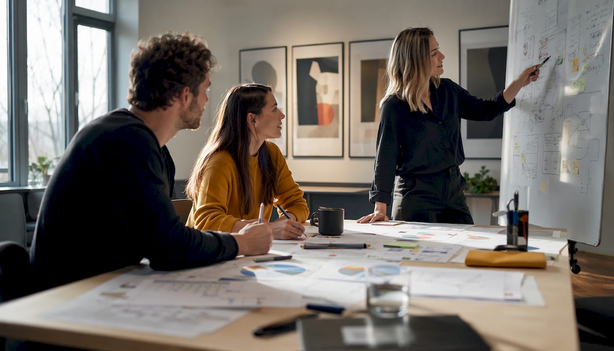 Två kollegor samtalar om arbetsprocessen framför en Kanban-tavla.
