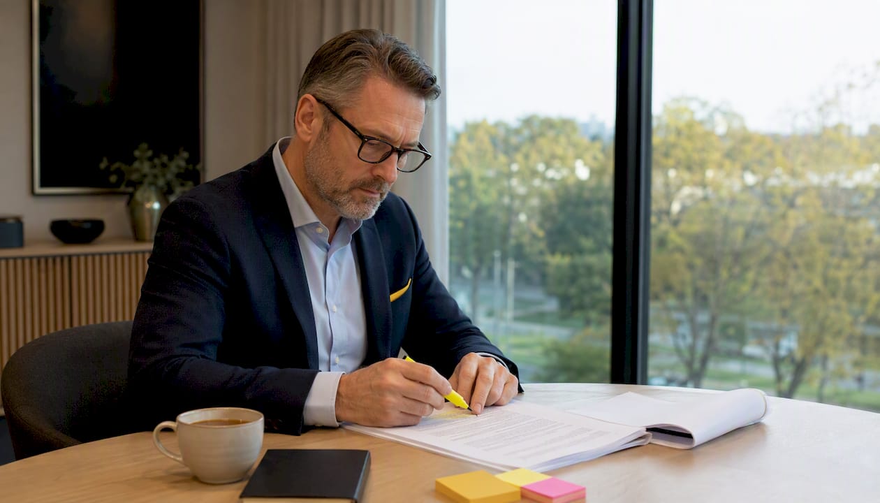 Någon sitter vid skrivbordet och går noggrant igenom juridiska handlingar.