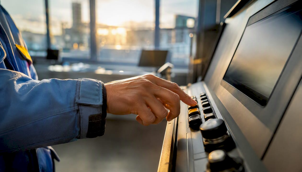 Tekniker finjusterar logginställningar – fokus på händer och utrustning