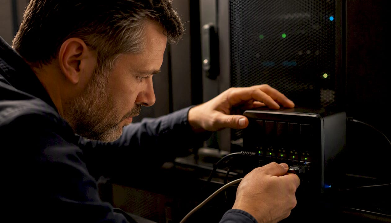 Händer som kopplar ur en kabel från en NAS-backupenhet