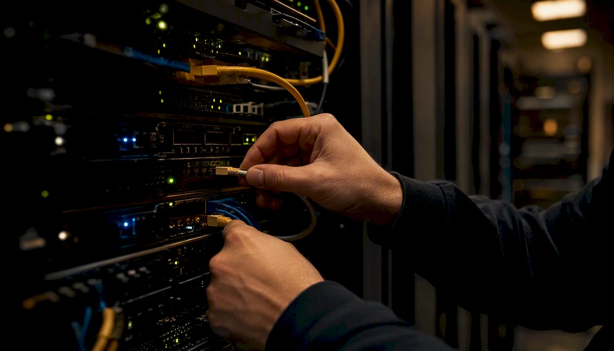 Händer som kopplar in nätverkskablar i serverhallen