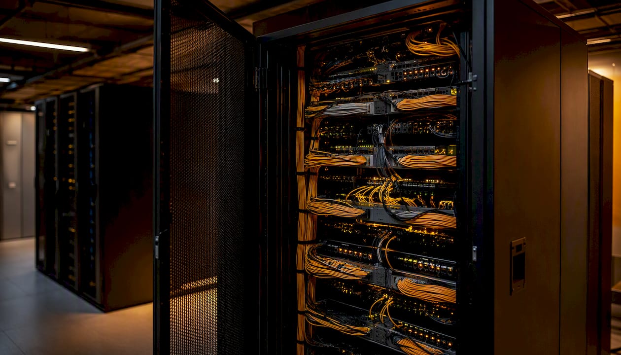 Närbild på kablar och LED-lampor i ett serverrack