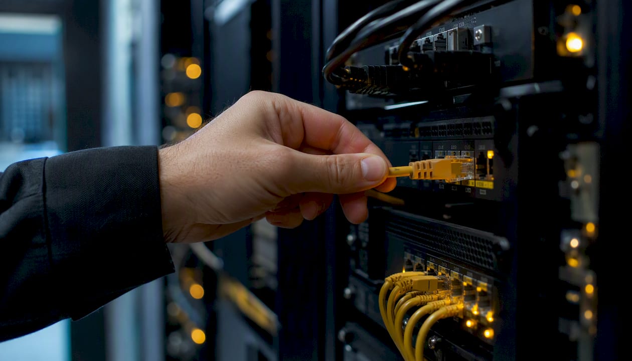 Händer som kopplar in en nätverkskabel i en server
