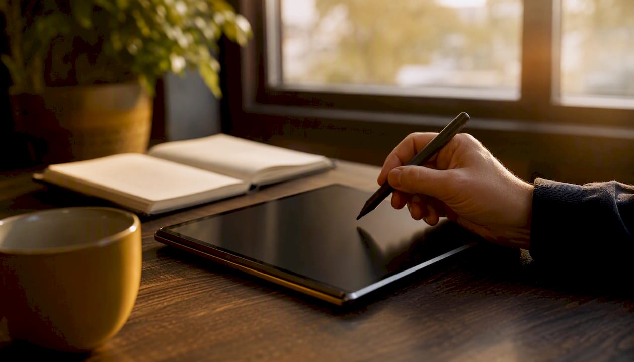 En digital ritplatta med en penna vilande ovanpå, placerad på ett bord.