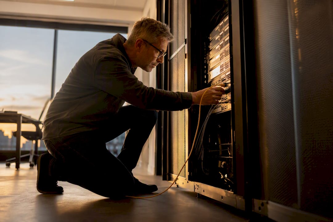 Händer som kopplar in nätverkskabel till server
